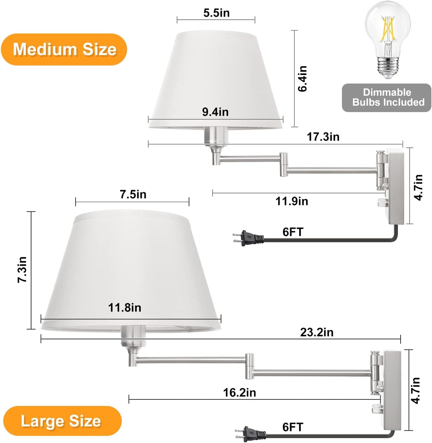 TRLIFE Wall Sconce Plug in, Dimmable Wall Sconces Set of Two Swing Arm Wall Lights with Plug in Cord and On/Off Dimmer Rotary Switch, 9.4" Medium Beige Fabric Shade(2 Pack, 2 Bulbs)