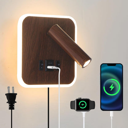 Plug in Wall Sconce with Wall Mounted Reading Lights with Switch | Wall Lamp for Bedroom with Charging Station USB C+A Ports,Bunk Bed Lights with 3W+9W Night Light,Walnut Color Reading Light