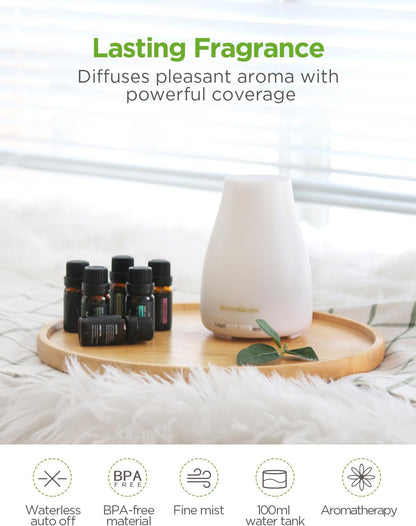 InnoGear Essential Oil Diffuser with Oils, 100ml Aromatherapy Diffuser with 6 Essential Oils Set, Aroma Cool Mist Humidifier Gift Set, Dark Wood Grain
