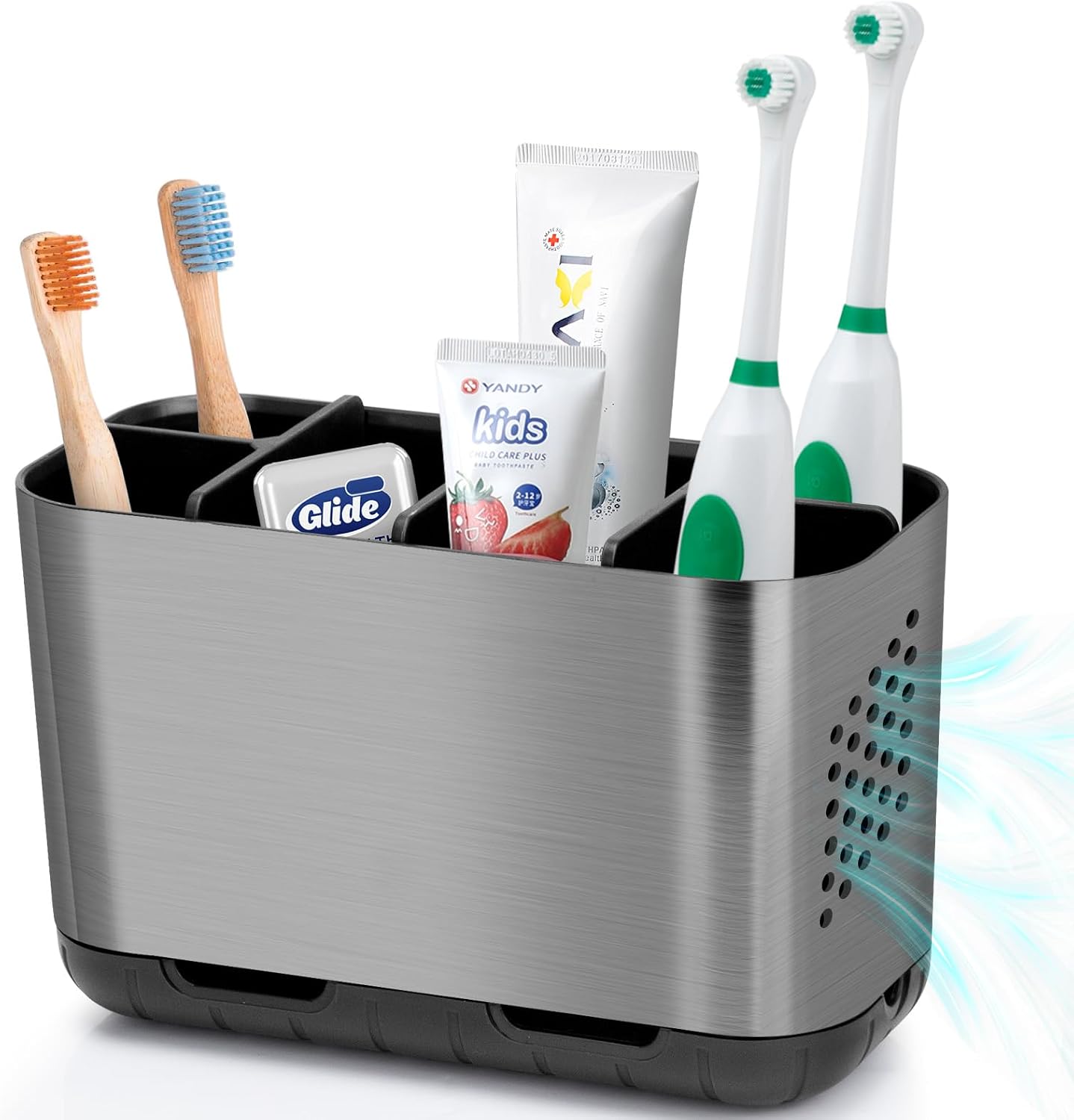 Boperzi Toothbrush and Toothpaste Holder Drainage for Bathroom Countertop with Adjustable Dividers, Large Toothpaste Caddy Organizer Storage Rustic Decor Set Anti-Slip for Shower,Family,Kids Gray