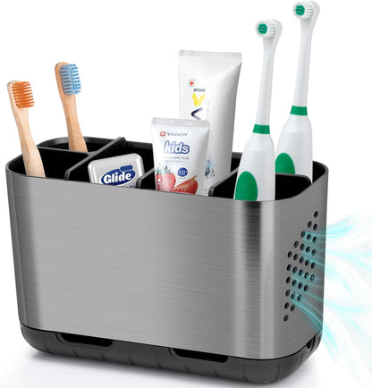 Boperzi Toothbrush and Toothpaste Holder Drainage for Bathroom Countertop with Adjustable Dividers, Large Toothpaste Caddy Organizer Storage Rustic Decor Set Anti-Slip for Shower,Family,Kids Gray