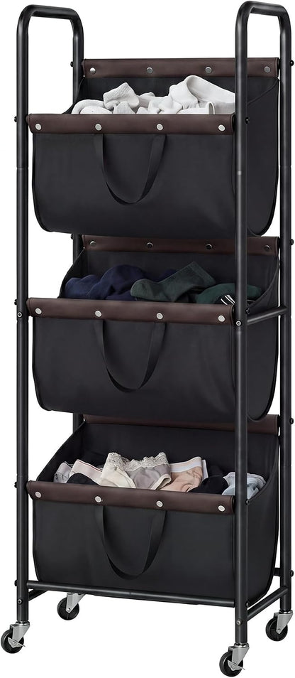 GRANNY SAYS 3 Tiered Laundry Sorter, Narrow Hamper Cart with Wheels | Sturdy 3 Section Laundry Basket with Wheels, Vertical Beige Hamper Cart for Bedroom, Bathroom, Apartment