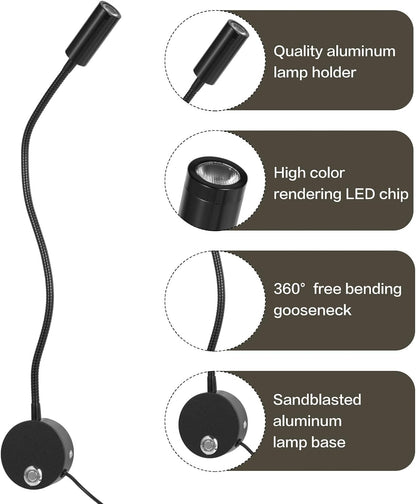 Reading Light for Bed, Wall Mounted Reading Lights with 15" Flexible Gooseneck, Touch Control, 3 Colors Temperature and Stepless Dimmable, Plug in Headboard Book Light(2 Pack)