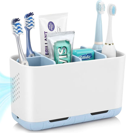 Boperzi Toothbrush and Toothpaste Holder Drainage for Bathroom Countertop with Adjustable Dividers, Large Toothpaste Caddy Organizer Storage Rustic Decor Set Anti-Slip for Shower,Family,Kids Gray