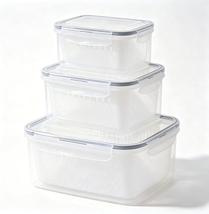 3-Pack Fresh Fruit Storage Containers for Fridge with Strainer & Drain Lid | Produce Keeper with Removable Colander, BPA-Free Plastic Crisper for Berries Vegetables Nuts, Fresh