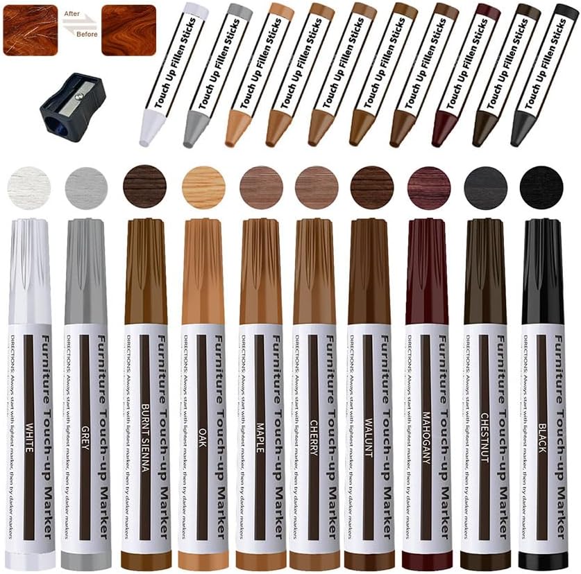 Furniture Repair Kit Wood Markers - 13 Markers & Wax Sticks with Sharpener | Fix Wood Scratches & Stains, Touch-up Kit for Floors, Tables, Desks, Bedposts, Fit for All Furniture Surface Repairs Cover Up