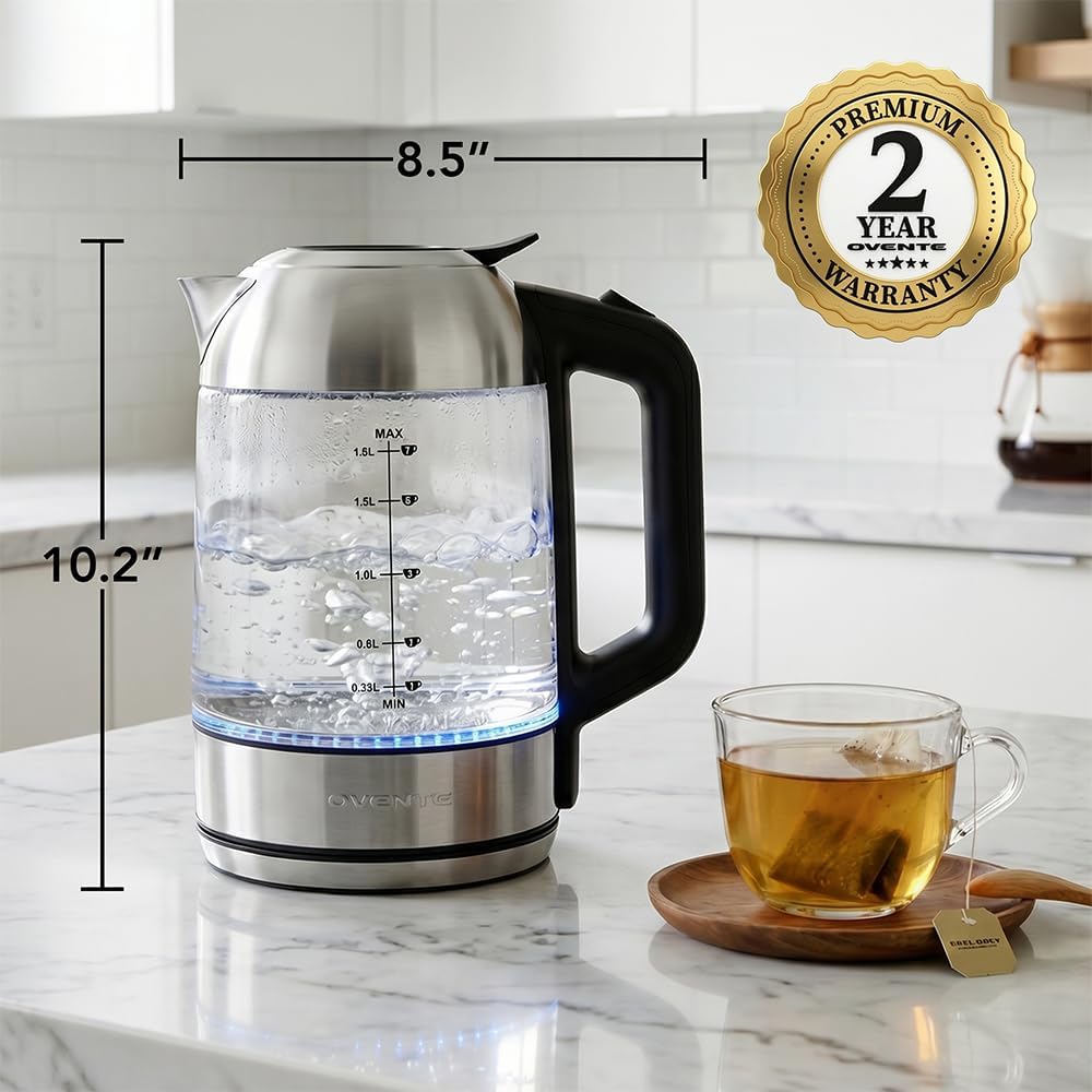 OVENTE 1.8L Glass Electric Kettle Water Boiler, Silver KG751S | 1500W Fast Boiling, Easy Fill Lid, Borosilicate Glass, BPA-Free, Blue LED, Auto Shut-Off, Boil-Dry Protection, Cordless