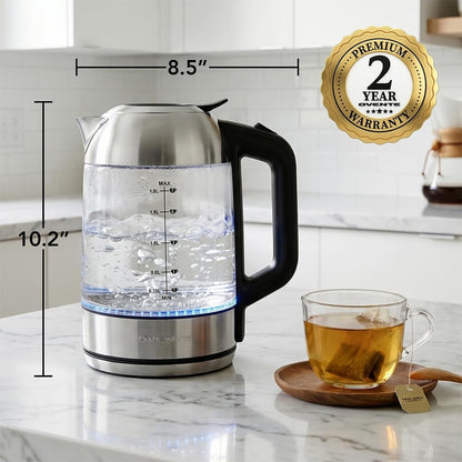 OVENTE 1.8L Glass Electric Kettle Water Boiler, Silver KG751S | 1500W Fast Boiling, Easy Fill Lid, Borosilicate Glass, BPA-Free, Blue LED, Auto Shut-Off, Boil-Dry Protection, Cordless