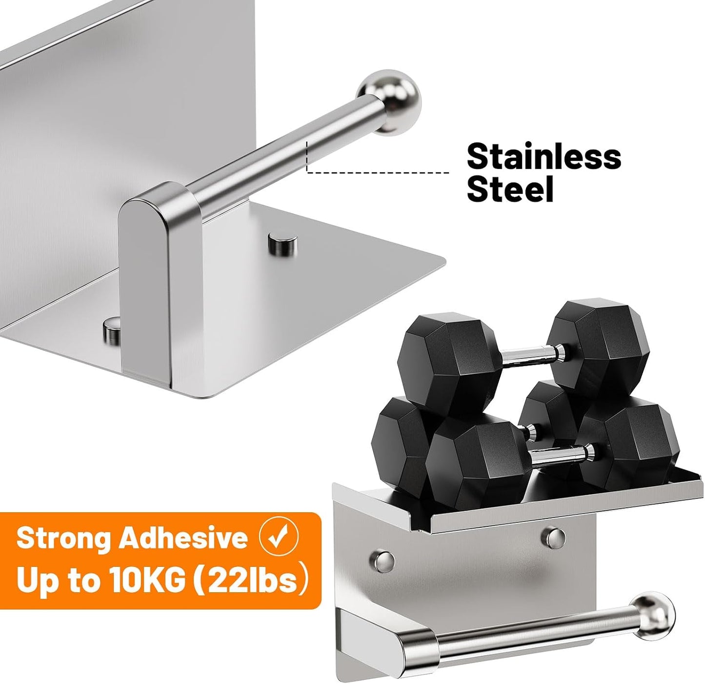 Toilet Paper Holder with Phone Storage Shelf, Matte Black | Wall Mount for Bathroom, No Drill Adhesive or Screw Mount, Rustproof Metal, Fits Mega Rolls