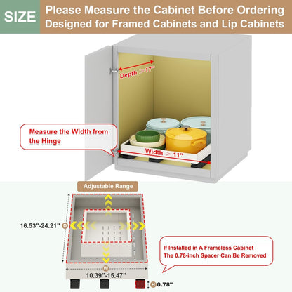 Fokyfok Pull out Cabinet Organizer,11"-16"W,17"-24"D,Expandable,Adhesive | No Drill,3 Rails,Roll out Drawers,Adjustable Slide out Shelves for Kitchen,Pantry,Framed and Framless Cabinets,White,1PC