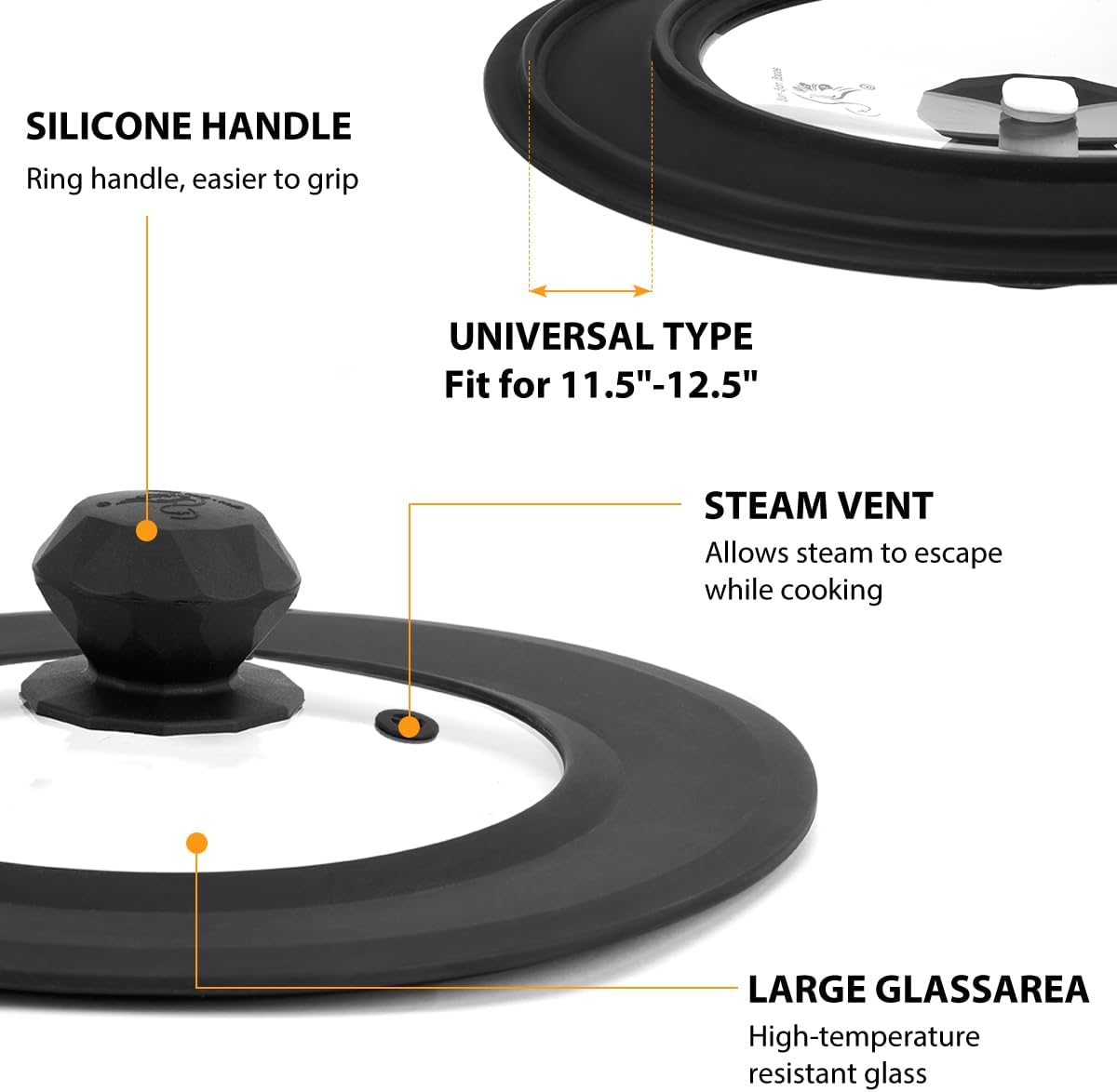 Vented Tempered Glass Universal Lid for Pot Pan Skillet with Heat Resistant Silicone Rim Microwave Splatter Lid Cover Microwave Safe Fit 11.5" 12" 12.5" Cookware, Dishwasher Safe Black