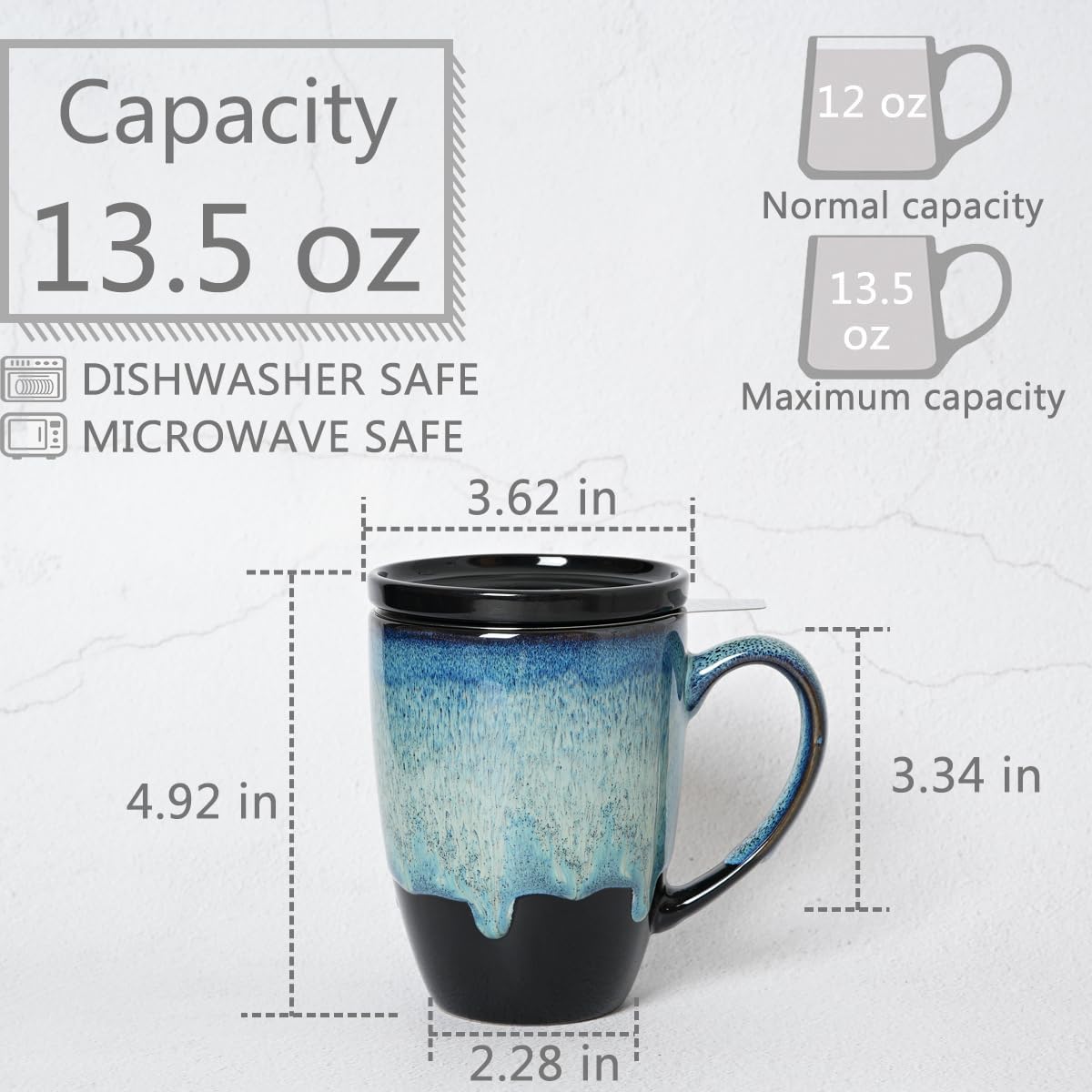Bosmarlin Ceramic Tea Cup with Infuser and Lid, 13.5 Oz, Loose Leaf Tea Steeper Mug with Strainer, Microwave and Dishwasher Safe, Reactive Glaze (13.5 Oz, Pale Green)