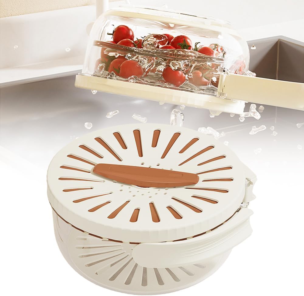 Fruit Washing Wowl with Strainer, 2026 New Multipurpose Drain Basket with Lid, 2 in 1 Fruit Drainer Container with Foldable Handle for Refrigerator Kitchen (White, 1PCS)
