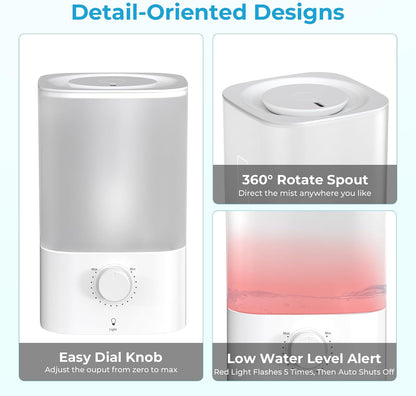 Cool Mist Humidifiers for Bedroom,3.2L Humidifiers for Baby Nursery＆Plants,7-Color Light,Oil Diffuser,Top Fill,360°Nozzle,Timer,24DB Quiet,BPA Free,Tap to Operate,White