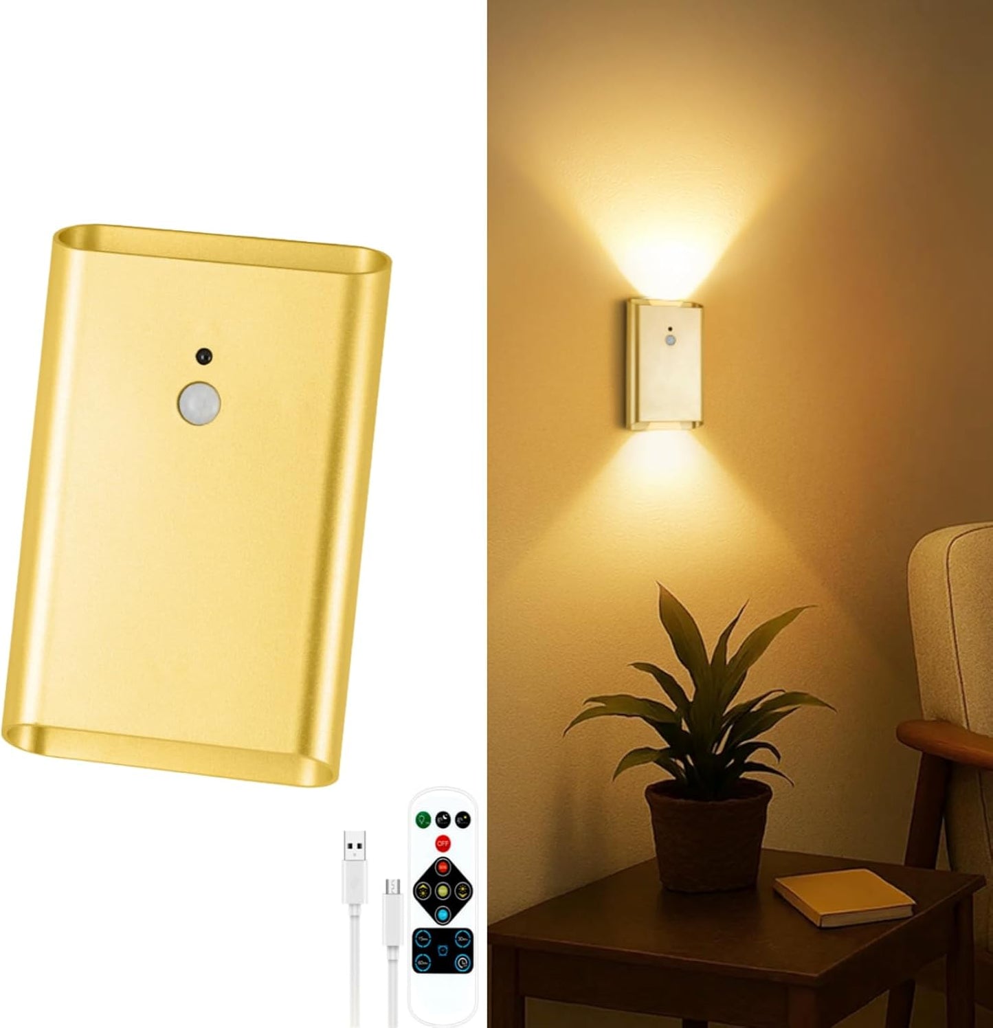 Eneru Motion Sensor Wall Sconce, Rechargeable Wireless Lights Indoor 2 Pack | 5000mAh battery powered, remote 3CCT dimmable, cordless magnetic mount, motion night light for hallway closet bathroom stair