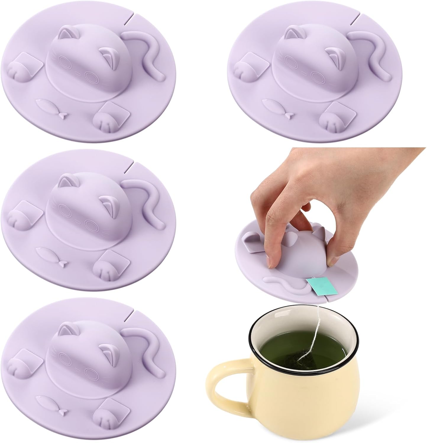 4 Pcs Tea Bag Squeezer 4 Inch Silicone Tea Bag Holder & Squeezer Dishwasher Safe Purple Cute Cat-shaped Cup Silicone Lids Warm Cover Supplies