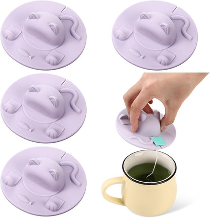 4 Pcs Tea Bag Squeezer 4 Inch Silicone Tea Bag Holder & Squeezer Dishwasher Safe Purple Cute Cat-shaped Cup Silicone Lids Warm Cover Supplies