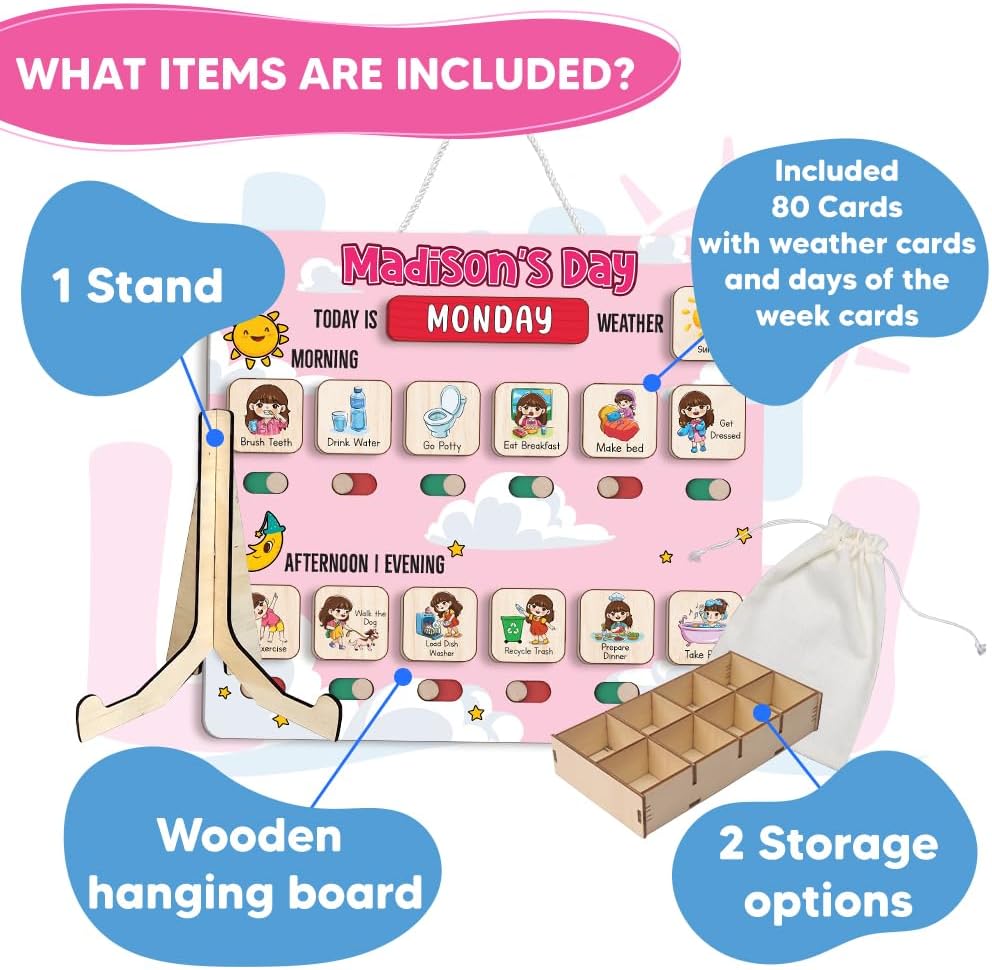 Wooden Daily Routine for Kids, Chore Chart for Toddler, Daily Responsibilities for Kids, Visual Schedule, Morning Bedtime Routine for Girls