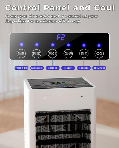 Evaporative Air Cooler, 3-in-1 Portable AC Tower Fan Air Conditioner with 4 Modes & 3 Speeds, 24H Timer, Remote 60°Oscillating Tower Fan, Quiet Swamp Cooler, Tower AC for Bedroom Office, 36inch, Black