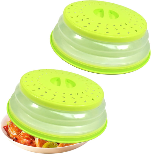 3 in 1 Microwave Splatter Cover 2 Pack Collapsible Food Cover for Food Heat Resistant Microwave Plate & Dish Cover with Handle Vented Silicone Splatter Guard Lid(Green)