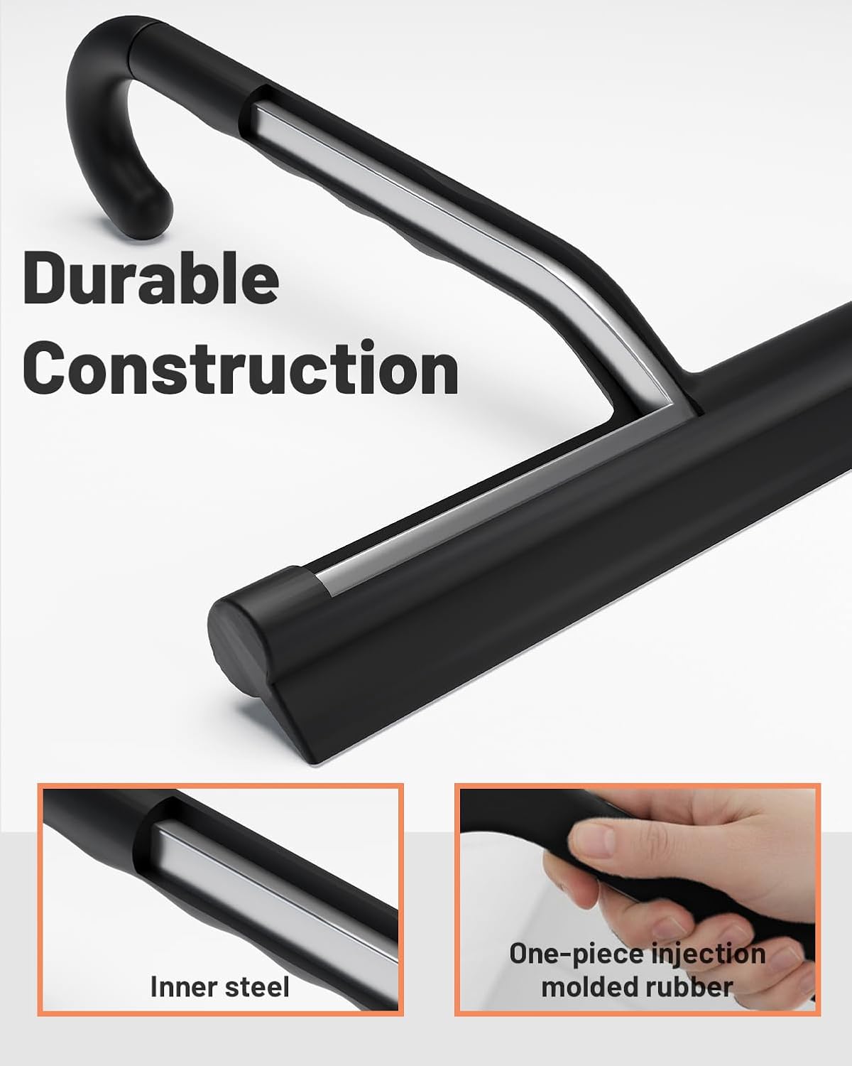 2-in-1 Silicone Shower Squeegee with Hook,Dual-Sided Design with Scraper & Scrub Surface,Rust-Proof Stainless Core,Streak-Free Bathroom Squeegee for Glass Doors,Mirrors,Windows,Car Windshields (Black)