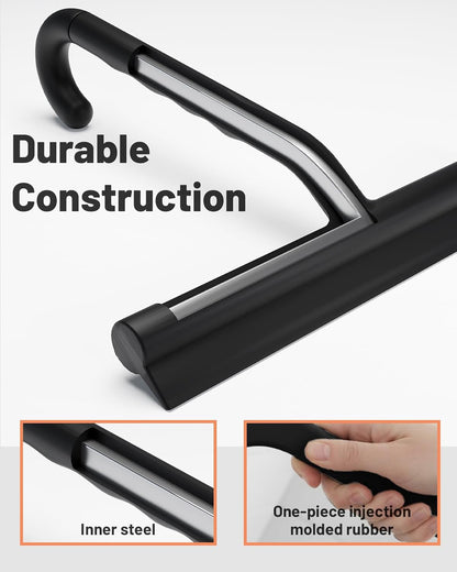 2-in-1 Silicone Shower Squeegee with Hook,Dual-Sided Design with Scraper & Scrub Surface,Rust-Proof Stainless Core,Streak-Free Bathroom Squeegee for Glass Doors,Mirrors,Windows,Car Windshields (Black)