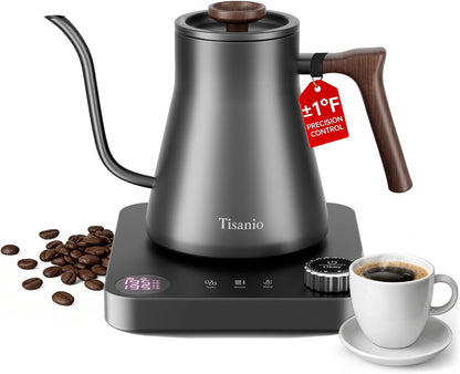 Gooseneck Electric Kettle with Temperature Control, 0.9L, Black | ±1°F Precision Pour Over Kettle, LCD Dual Display, Smart Two-Stage Heating, 2H Keep Warm, 304 Stainless Steel Interior