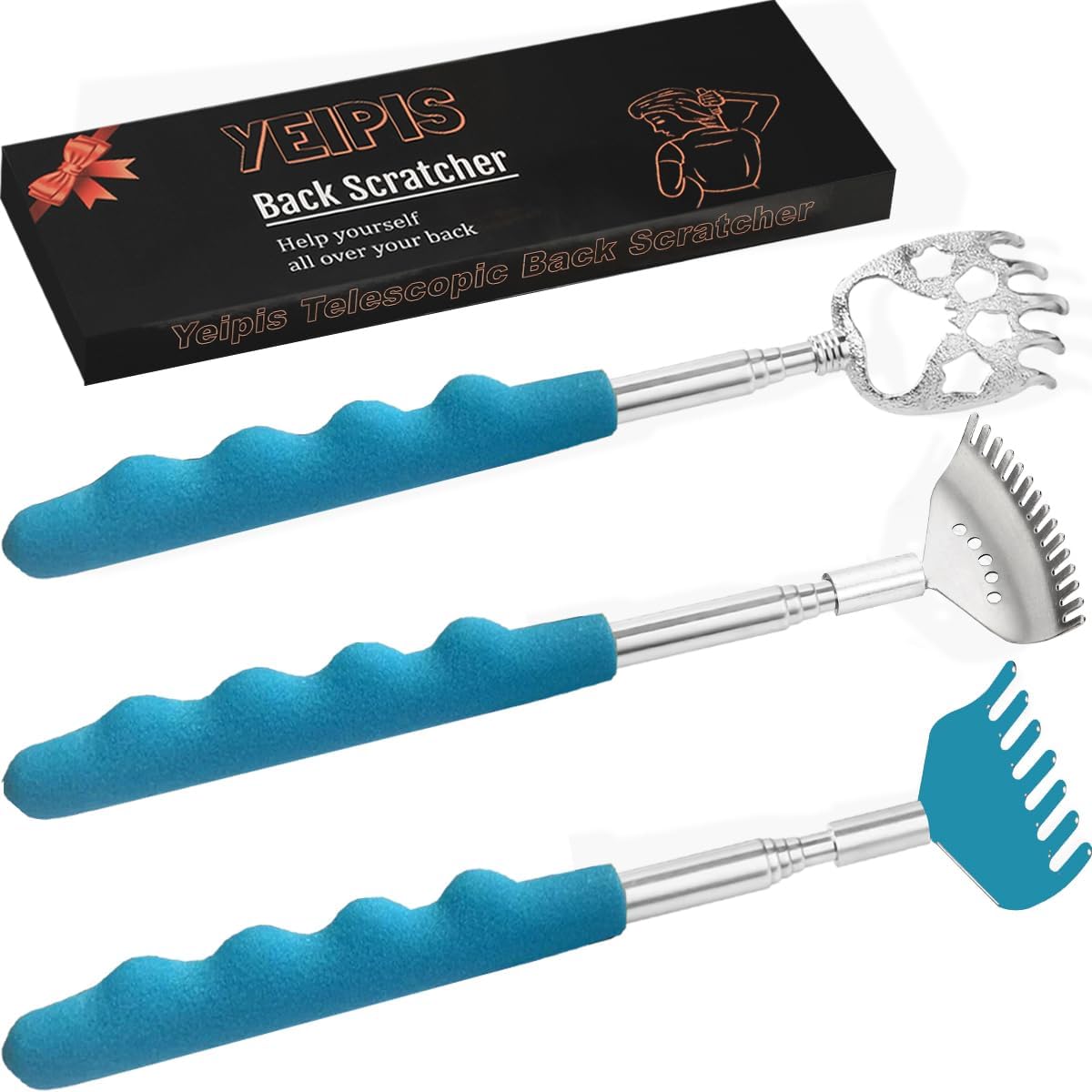 Yeipis 3 Pack Different Back Scratcher Metal Portable Telescoping with Rubber Handles, Extendable Back Massager Tool with Beautiful Box, Stocking Stuffers for Men Women Christmas Presents(Black)
