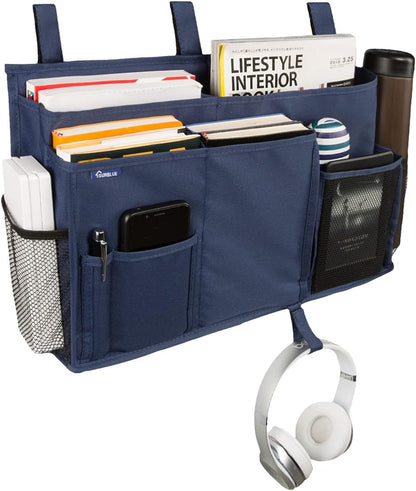 Surblue Bedside Caddy Hanging Organizer Storage Bag Pocket for Bunk, Hospital, College Dorm Rooms, Baby Bed Rails, Camp - 4 Pockets, 2 Hooks (Blue)