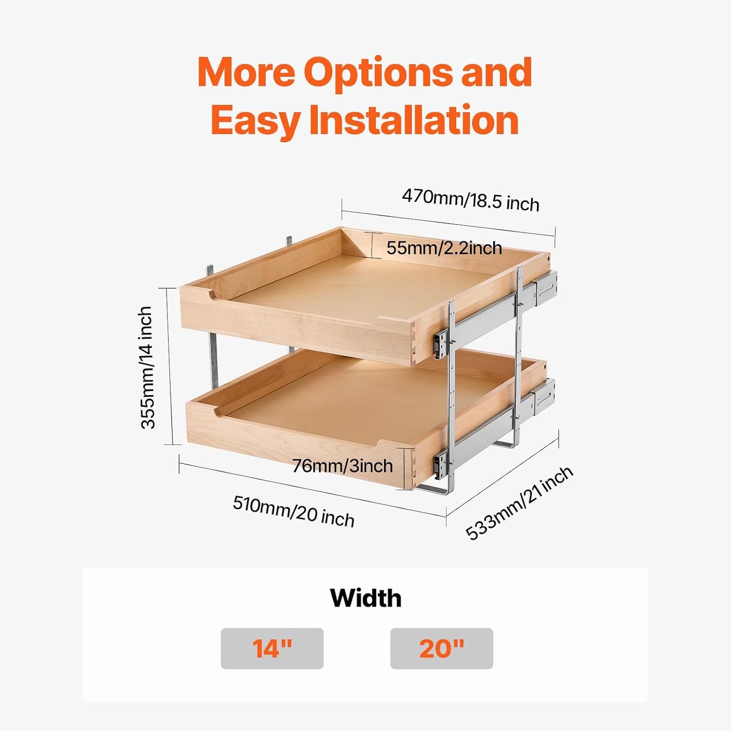 VEVOR Pull Out Cabinet Organizer, 14"W x 21"D Cabinet Drawer, Soft Close Slide out Shelf, Heavy-Duty Sliding Wood Drawer, Bottom Mount Size（14.5"W x 23"D）and Side Mount Size（15"W x 23"D） | Heavy-Duty Sliding Shelf with Bottom or Side Mounting for