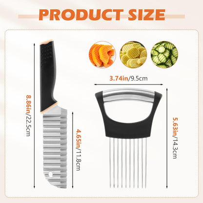 Crinkle Cutter Knife, Rubber Handle Stainless Steel Fries Cutter Slicer with Onion Holder, Vegetable Salad Chopping Knife Home Kitchen Wavy Blade Cutting Tool(Black)