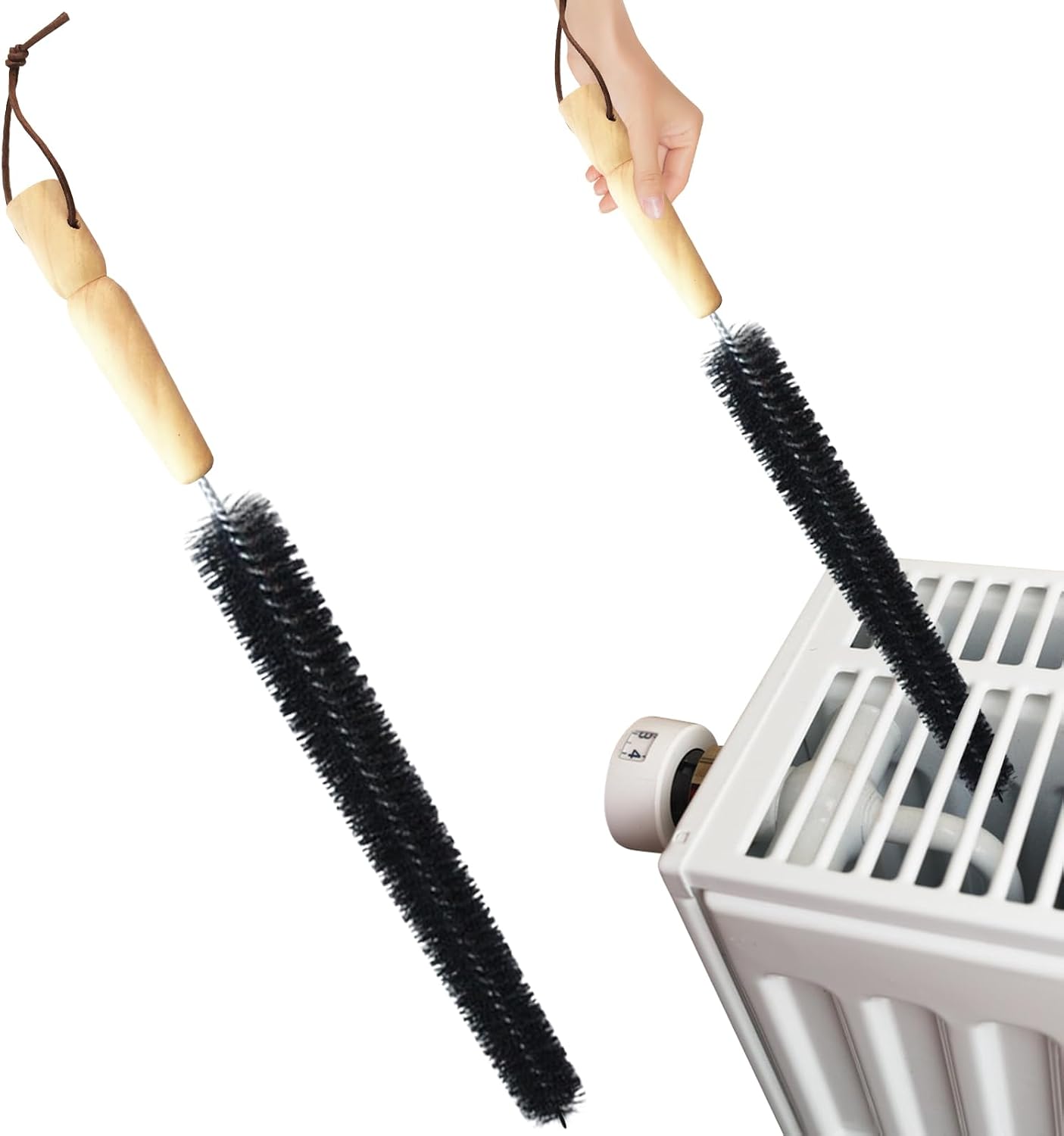 2Pcs Radiator Brush, 16-Inch Long Flexible Radiator Cleaning Brush with Wooden Handle, Refrigerator Coil Soft Bristile Brush, Dryer Lint Brush for Washer Dryer(Black)