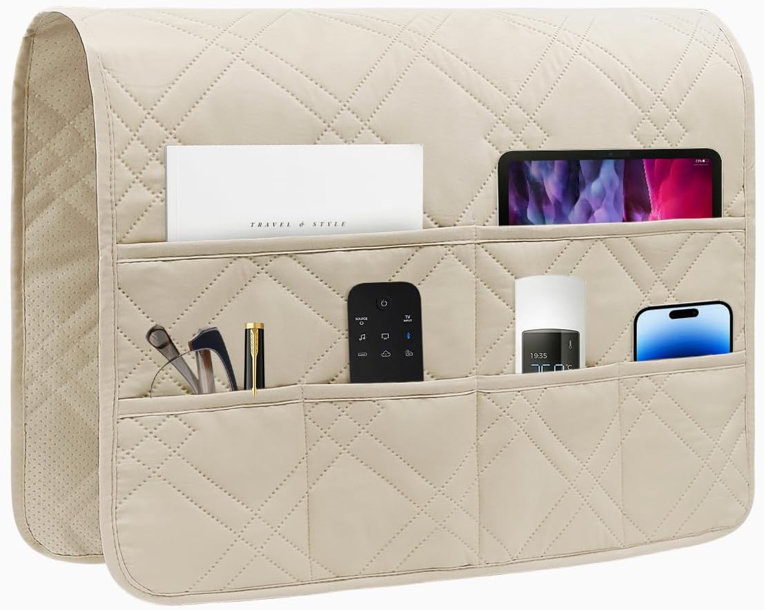 Couch Armrest Organizer Remote Control Holder Bedside Caddy with 6 Pockets, Non-Slip Armchair Caddy Sofa Armrest Organizer for Tv Remote Control, Magazine, Cell Phone, Beige