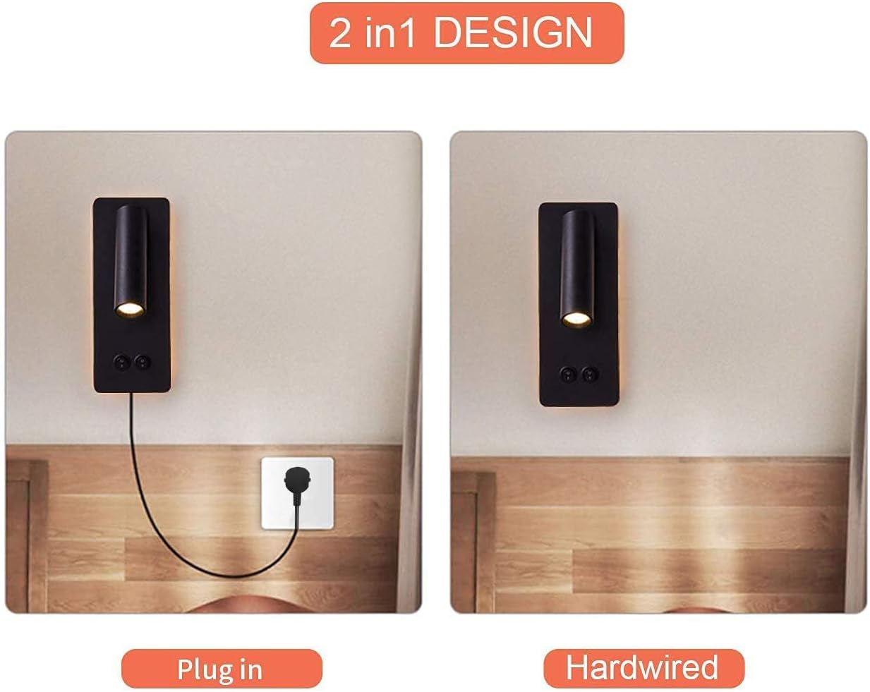 LED wall lamp and reading light two-in-one multifunctional wall sconces. LED Wall Lamp Plug in for Bedroom Bedside Wall Sconces Set of Two Black Reading Light 3W+6W Night Light 3000K(BLACK)