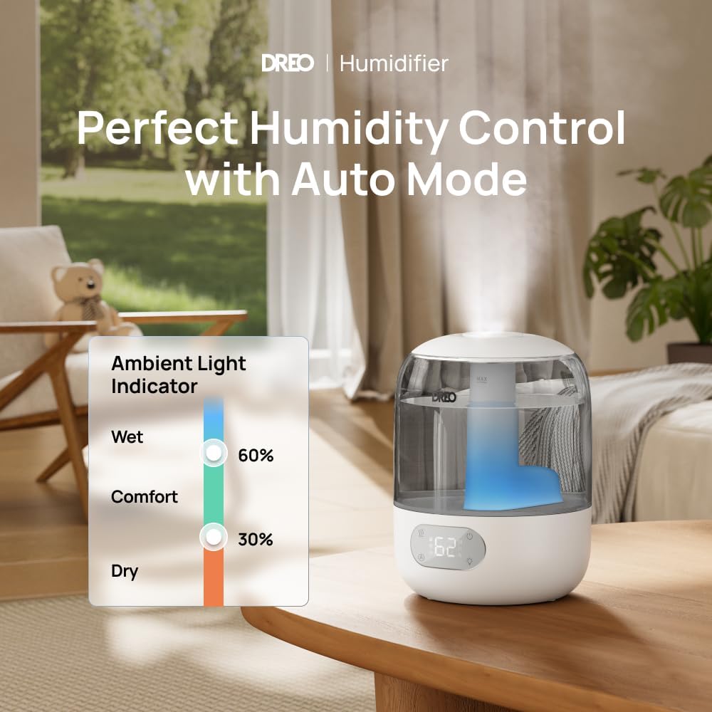 DREO 3L Humidifiers for Bedroom, 30H Runtime, 26 dB Quiet, Black | Easy to Refill & Clean, Precise Humidity Control, Night light, 360° Nozzle, Cool Mist Air Humidifier for Large Room, Baby