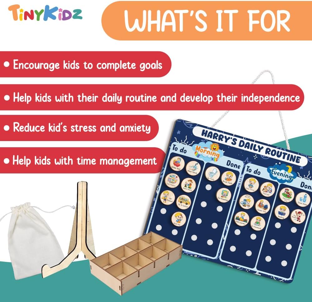 Daily Routine Chart for Kids, Visual Schedule, Routine Chart for Toddlers 3-5, Morning Bedtime Routine Chart for Toddlers, Wooden Chore Chart for Kids