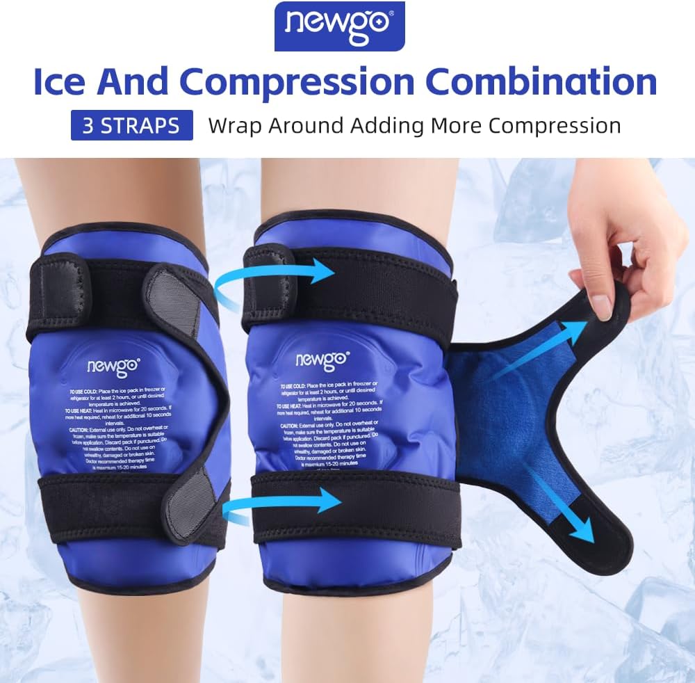NEWGO Knee Ice Pack Wrap, 360° Full Wrap, Blue | Y-shaped Strap Stays Put, Reusable for Knee Replacement, ACL, Arthritis, Swelling, and Sports Injuries, 21.7" x 9.8"