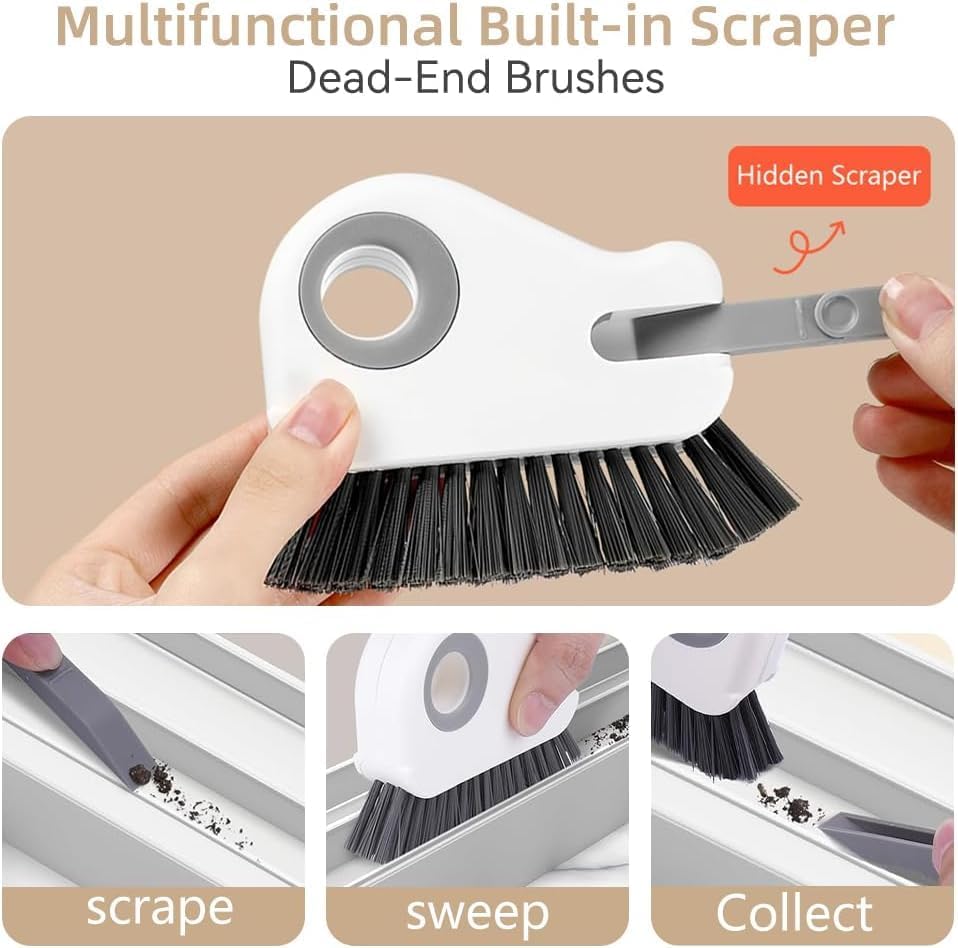 2 in 1 Groove Cleaning Brush, Window Track Cleaner Brush with Hidden Scraper, Crevice Cleaning Brush for Sliding Door Track, Window Sill, Narrow Gaps, Kitchen & Bathroom Cleaning Tool (White)