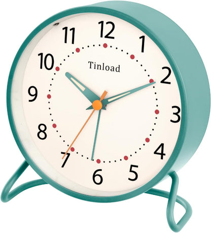 Tinload 4.5" Battery Operated Analog Alarm Clock, Small Silent Bedside Desk Clock with Night Light, Blue