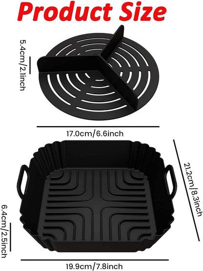 2 Pack Square Silicone Air Fryer Liners, With Round Divider Split for 3 Flavors, Reusable Silicone Basket, Air Fryer Accessories, 1 Pack Red + 1 Pack Black
