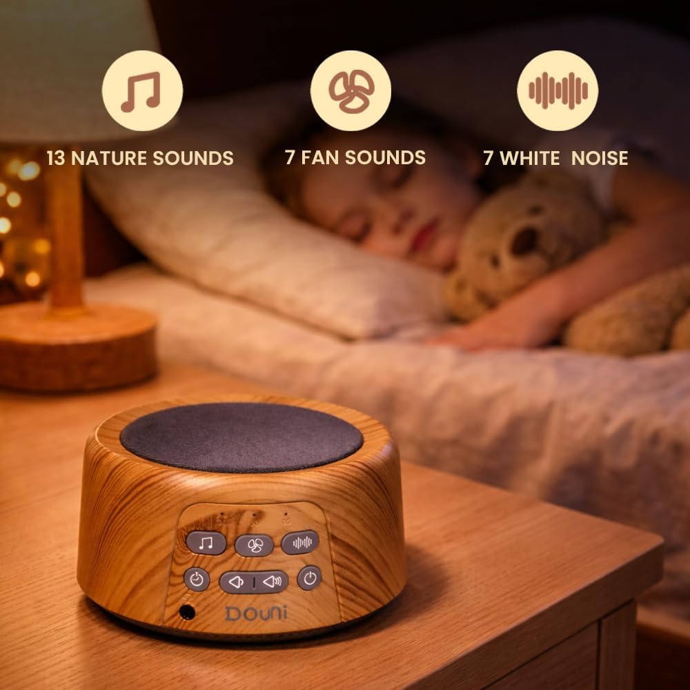 Douni White Noise Machine for Sleeping - 27 Non-Looping Soothing Sounds Sleep Sound Machine with Timer & Memory, 3.5mm Jack, Wood Grain Sound Machine for Hotel Bedroom Office
