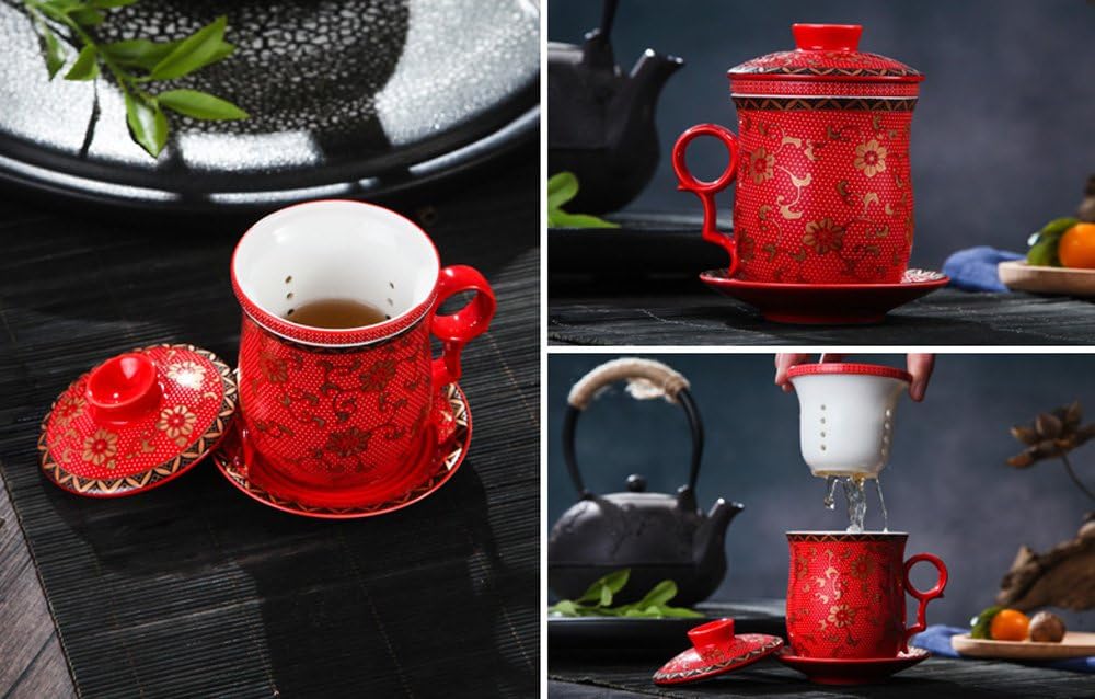 Porcelain Tea Cup with Infuser Lid and Saucer Sets - Chinese Jingdezhen Ceramics Coffee Mug Teacup Loose Leaf Tea Brewing System for Home Office