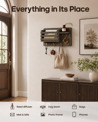 Key Holder Wall Mount with Mail Organizer, 16" L x 5" W x 9.1" H Oversized Keys Hanger Rack with Shelf and 7 Hooks, Wood Wall Organizer for Wallet, Dog Lesh (Brown)