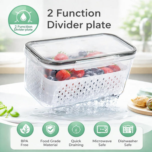 Fruit Storage Containers for Fridge, 4-in-1 Leakproof Produce Saver with Removable Colander, Berry Keeper & Lettuce Organizer Keep Vegetables Fresh Longer - Wash, Drain & Store (Blue,S)