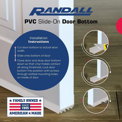 PVC Slide-On Door Bottom | Adjustable Plastic Weatherstrip Door Bottom with Drip Cap | 3 Feet (36-Inch) | for 1 3/4” Doors | White | Fits Gaps 3/8” to 7/8” | Made in the USA