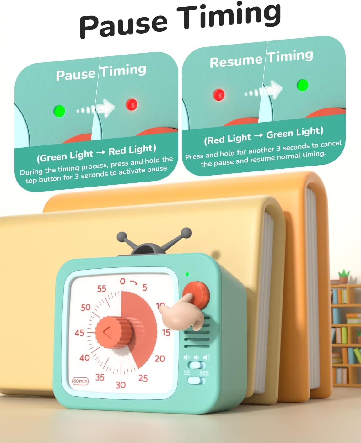 LIORQUE Visual Timer for Kids with Pause, 60 Minute Countdown Timer, Green | Non-Ticking, 3 Volume Levels, Back Magnetic, Two Ringing Durations, Light Indicator, for Classroom Kitchen Office ADHD