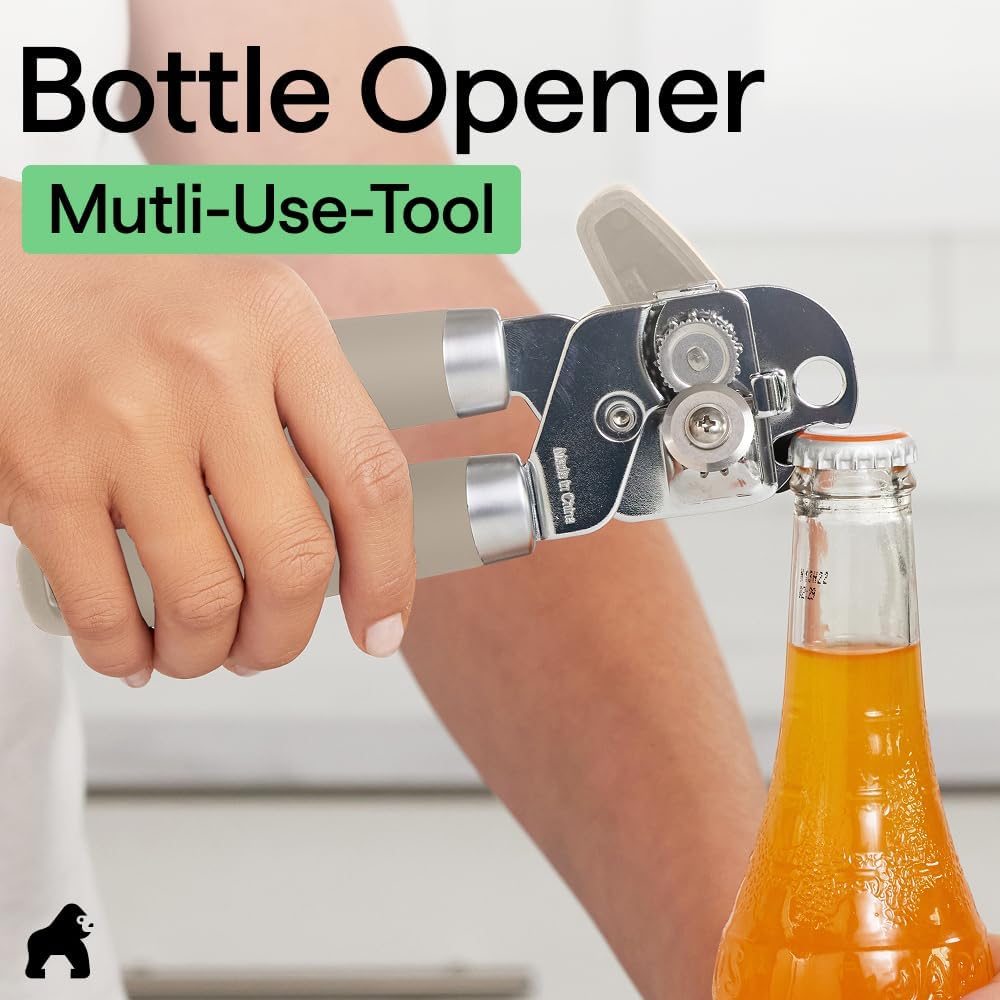 GORILLA GRIP Original Model Stainless Steel Smooth Edge Manual Can Opener and Bottle Openers, US Designed, Comfortable Handle, Oversized Handheld Turn Knob, Multifunctional Kitchen Tool, Gray