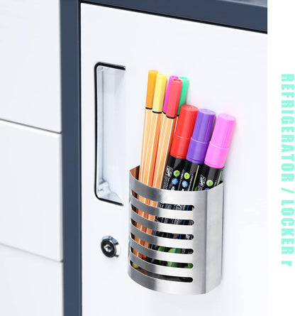 Magnetic Modern Pen and Pencil Holder, 3.25" x 1.75" x 3.50" | Metal Writing Utensil Storage Organizer for Kitchen, Locker, Home, or Office, Brushed Stainless Steel