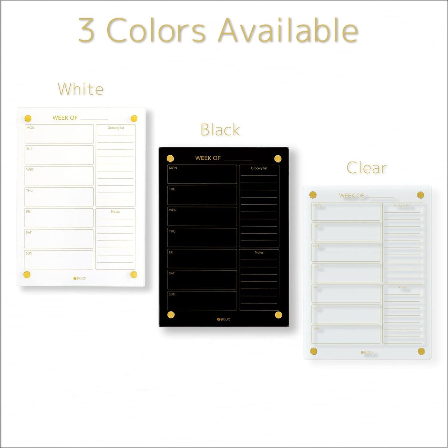 Yeoux Clear Glass Golden Weekly & Menu Dry Erase Calendar Board 15“x11 | Wall Mount, Non-Magnetic, Meal Planning & Grocery Shopping List Whiteboard for Kitchen & Home, 4 Markers