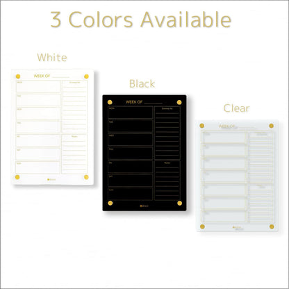 Yeoux Clear Glass Golden Weekly & Menu Dry Erase Calendar Board 15“x11 | Wall Mount, Non-Magnetic, Meal Planning & Grocery Shopping List Whiteboard for Kitchen & Home, 4 Markers